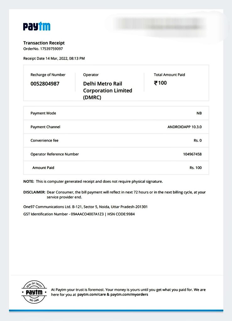 vedsoni6's tweet photo. @OfficialDMRC @Paytmcare 
I recharged my Metro Smart Card for Rs 100/- on March 14, 2022 through Paytm platform, however, due to DMRC server issue the card wasn't top-up. I want the refund, screenshot attached. 
Please do the needful. 
Thank you. https://t.co/vYexhZ4gb9