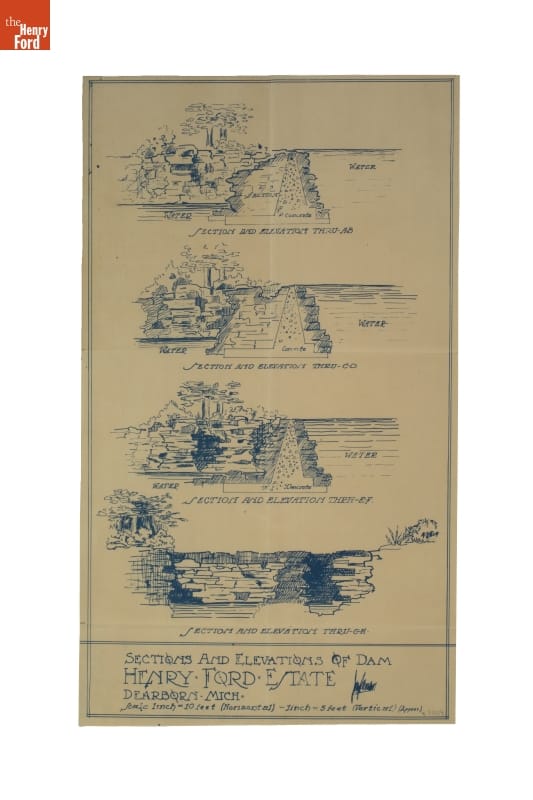 JUArchivist's tweet photo. The Fords hired famed landscape architect Jens Jenson to design the grounds at their home, Fair Lane. The Jens Jenson Drawings Series contains these drawings, incl this one for dam elevations. #BensonFordRC #FindingAidFriday THF155881 @thehenryford https://t.co/HE7XisqBGq https://t.co/AetJAFmtxW