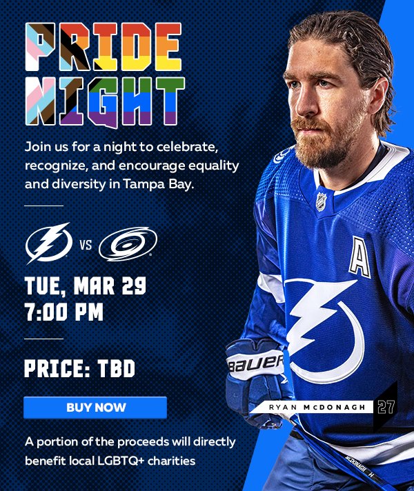 jayory's tweet image. The Lightning encourage equality and diversity and will celebrate at our upcoming PRIDE NIGHT on March 29th versus the Carolina Hurricanes. Get your tickets now with a portion of proceeds to benefit local LGBTQ+ charities. #GoBolts #PRIDENIGHT

fevo.me/pride2022