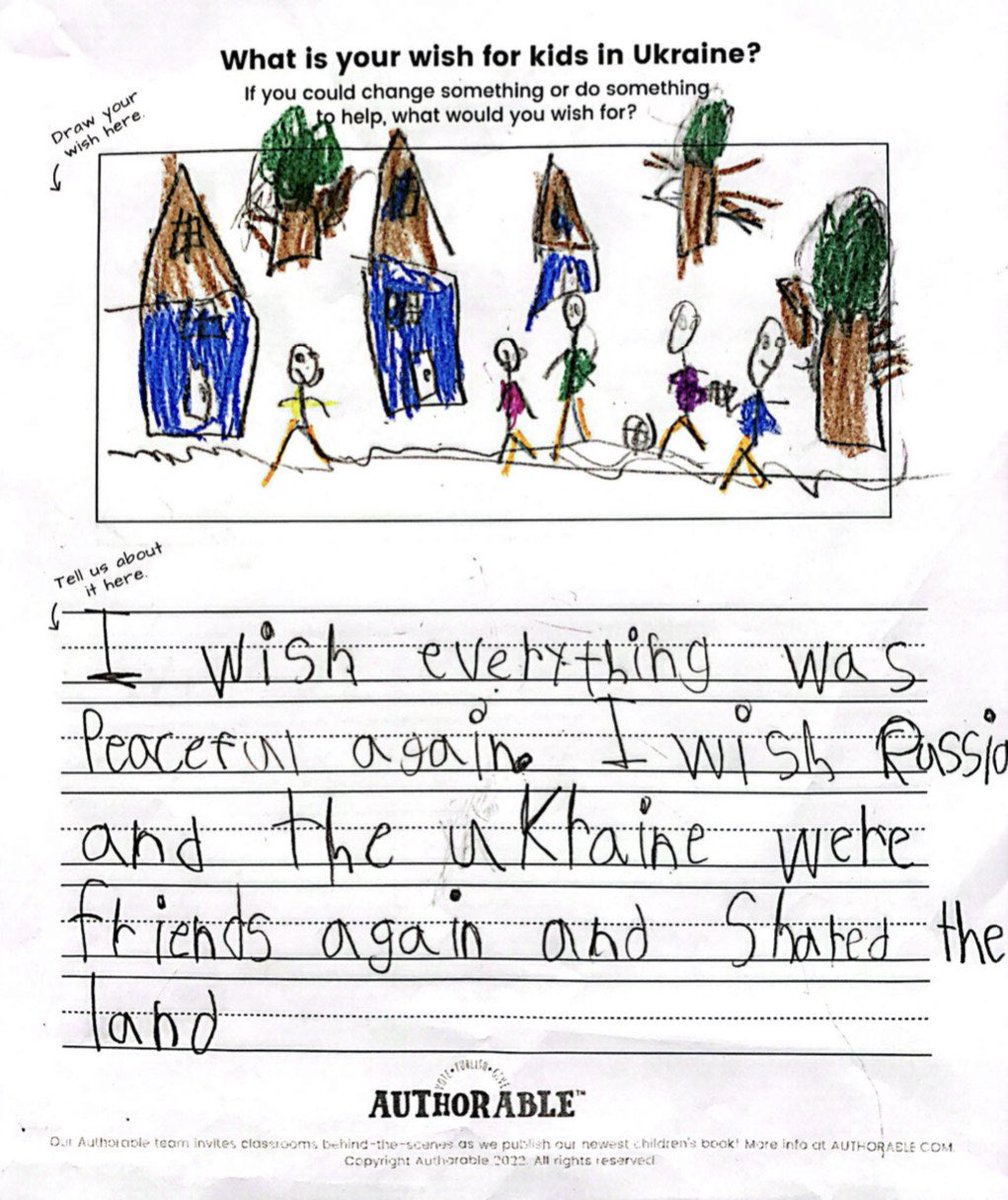 authorablekids's tweet photo. There’s a quote by Frances Moore Lappe that says, “Every choice we make can be a celebration of the world we want” and this is the type of world I want!

How precious and sweet are these kind words to the people in #ukraine from a 2nd grader at Lincoln Elementary! https://t.co/UwnNKNaTwF