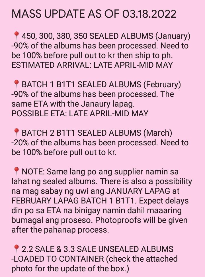 pbk2mupdates's tweet photo. #PBK2MUpdates as of 03.18.2022
MASS UPDATE

✓read and comprehend the update
✓expect delays in the arrivals po but once arrived will pack immediately and ship the items
✓thank you for trusting us! https://t.co/6sxoUOjuTt