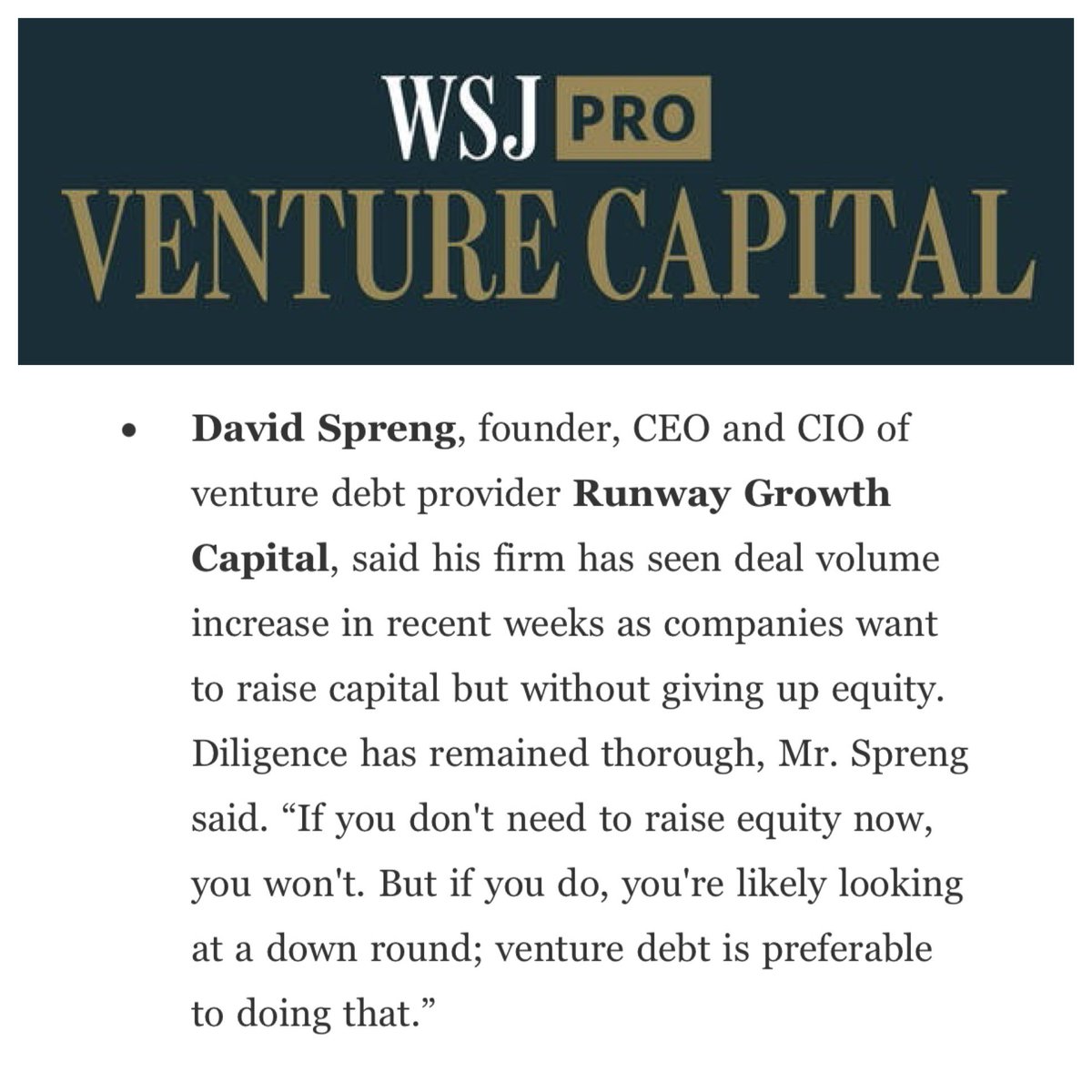 When our founder, CEO and CIO <a href="/DavidSpreng/">David Spreng</a> was asked by <a href="/WSJ/">The Wall Street Journal</a> <a href="/WSJVC/">WSJ Venture Capital</a> about whether deal pace has slowed down in recent week, he had the following to say in today’s #WSJ about the role of #venturedebt…