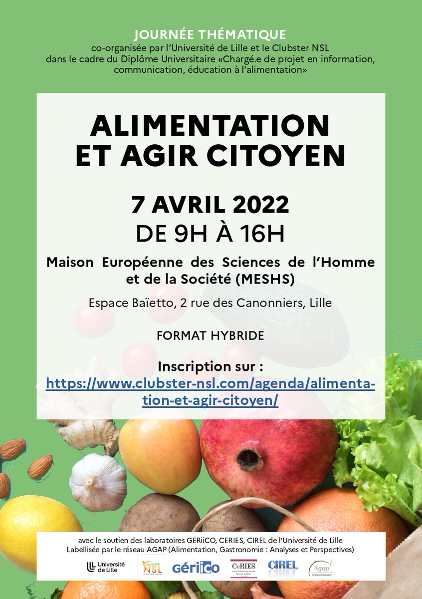 GERiiCO's tweet photo. Intéressés par les actions citoyennes en matière d’alimentation ? Une journée d’étude se tiendra sur ce thème le 7 avril, en lien avec le @ClubsterNSL.
Plus sur d'infos 👉 https://t.co/DAF6b8SJ92
@univ_lille #CeRIES #CIREL @MESHS_Lille @AgapInstitut https://t.co/H2XltBPJLN