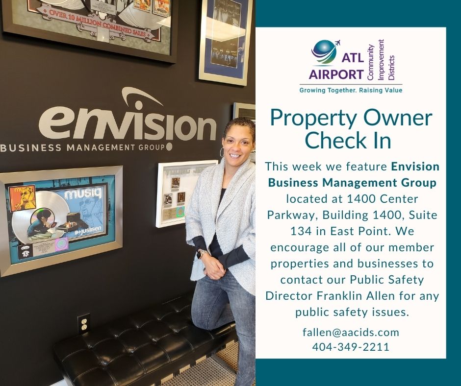 ATLAIRPORTCIDS's tweet photo. For our second Public Safety Assessment we feature our neighbor @Envisionbmg located at 1400 Ctr Pkwy, Ste 134 in the @cityofeastpoint. Jini Thornton is the contact. Property Owners should contact Franklin Allen (fallen@aacids.com) for your public safety needs. #aacids https://t.co/yZtWyqZGct