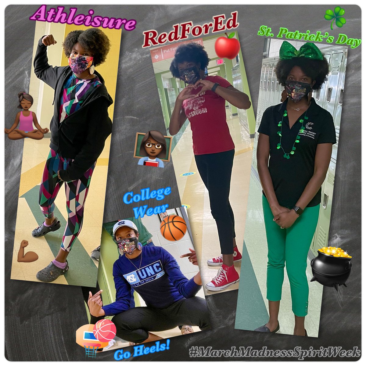 HairstonTeaches's tweet photo. Another successful (impromptu๐
) #SpiritWeek๐๐พ
#MarchMadnessSpiritWeek
#MsSandersWeekInReview
#MarchMadness #Athleisure
@UNC_Basketball #GoHeels
#RedForEd #StPatricksDay
#CarolinaFamily #WeekInReview https://t.co/b6AoBX1LN7
