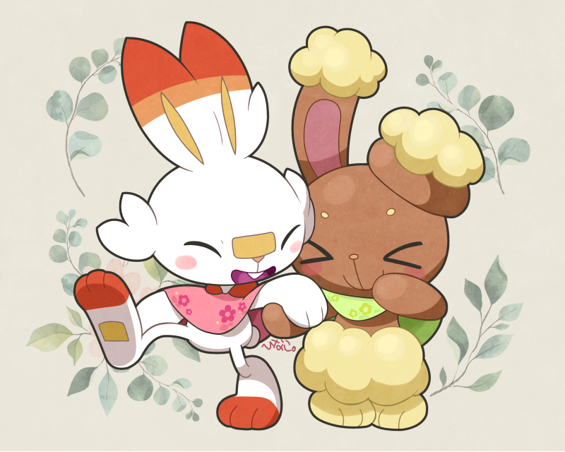 scorbunny pokemon (creature) closed eyes > < smile no humans open mouth standing  illustration images