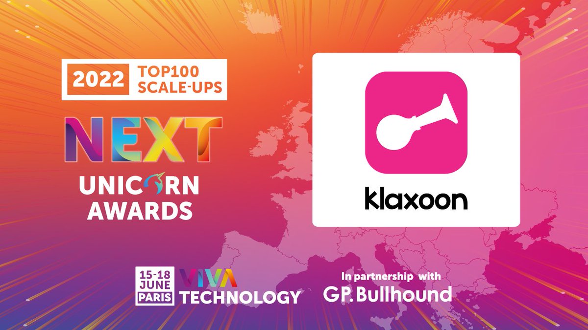 Exciting news! #Klaxoon is proud to be nominated by <a href="/VivaTech/">VivaTech</a> in the Top 100 most promising scale-ups in Europe for the "Next Unicorn Awards 2022"! 🦄🌍

The 2022 list was compiled in partnership with tech investment firm <a href="/GPBullhound/">GP Bullhound</a>!