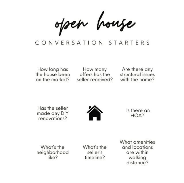THRealEstate101's tweet photo. OPEN HOUSE--> Conversation Starters😊
1. How long has the house been on the market?
2. How many offers has the seller received?
3. Are there any structural issues with the homr?
4. Has the seller made any DIY renovations?
5. Is there an HOA? 
6. What's the neighborhood like? https://t.co/aLHrhrJzUI