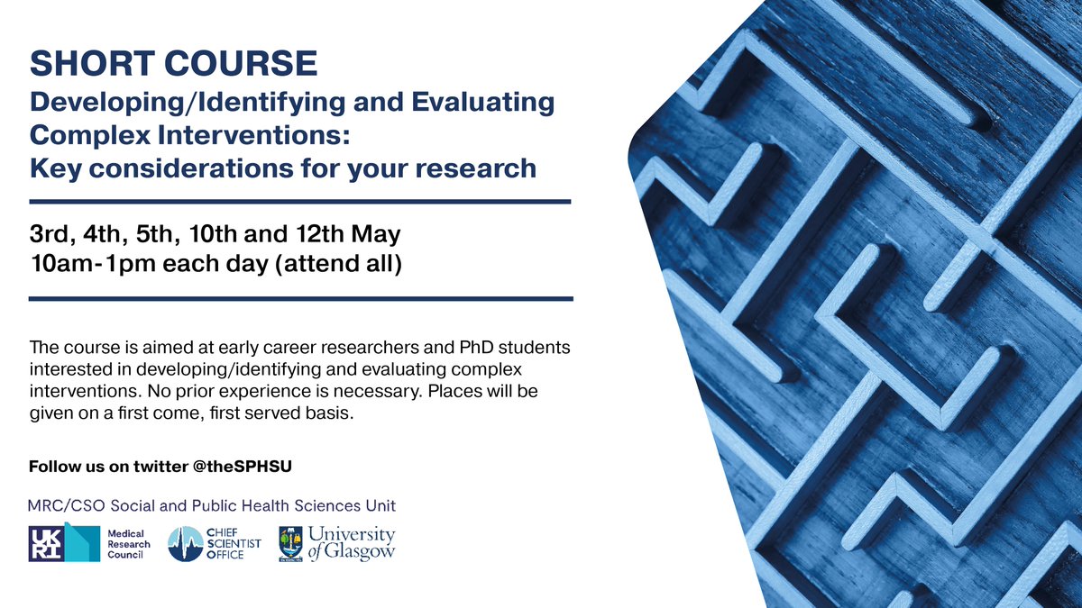 Registration now open for our new short course on developing/identifying and evaluating #complexinterventions 

🗓️3rd,4th,5th,10th &amp; 12th May
Limited discounted and free places available.
More info &amp; booking➡️
eventbrite.co.uk/e/short-course…

#ECRs #PhDlife