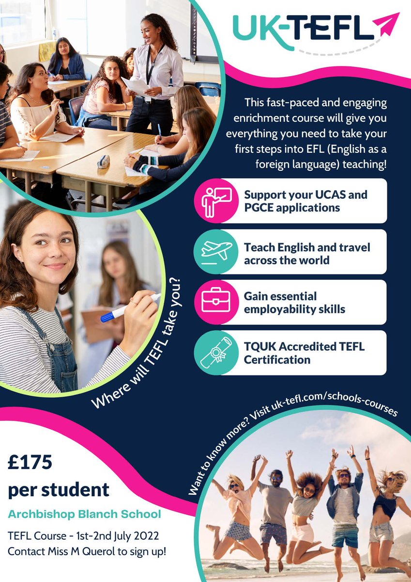 abblanchschool's tweet photo. A great opportunity for Year 12 &amp; 13 students who may in the future want to live abroad, go travelling for a bit or become teachers in the future! #englishasaforeignlanguage #futurecareers https://t.co/0uqnLnkRun