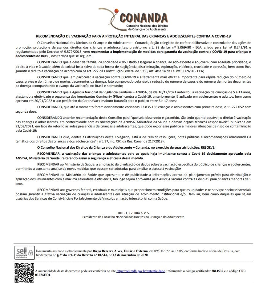 CONANDA faz recomendação de vacinação para proteção integral das crianças e adolescentes. 
Tenha acesso ao PDF em nosso site, na seção "Recomendações do Conanda relativas à COVID-19", através do endereço: gov.br/participamaisb…
