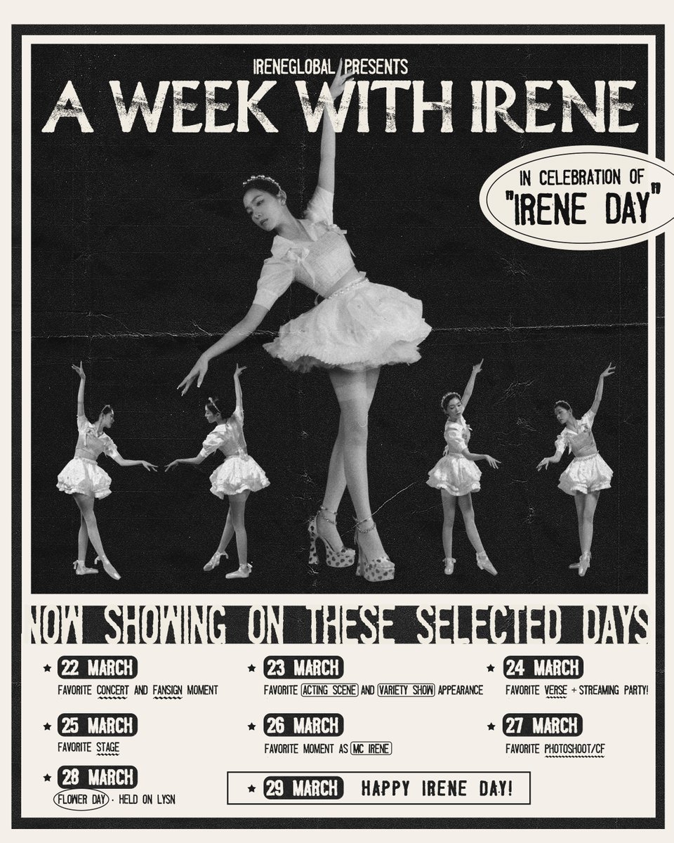 We hereby invite you to A Week With Irene! 🎞

First show date: March 22nd, 12am KST 

We anticipate your participation!

#IRENE #아이린 #RedVelvet <a href="/RVsmtown/">Red Velvet</a>