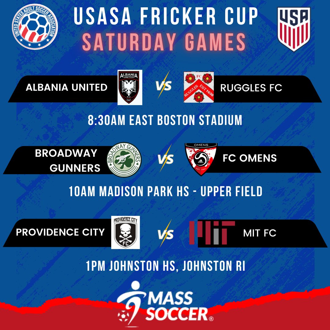 ⚽️🏆 <a href="/USASARegion1/">USASA Region I</a> Werner Fricker Cup State Quarterfinals -TOMMORROW!🎉

🔥8:30am East Boston Stadium: <a href="/AlbaniaUnitedSC/">Albania United SC</a> vs Ruggles

🔥10am Madison Park HS: @broadwaygunners vs <a href="/GPS_Omens/">FC Omens</a> 

🔥1pm Johnston HS: @providencecity_ vs MIT FC  

👊Let's go!!