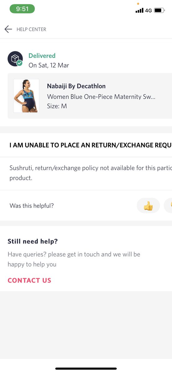 sushruti5's tweet photo. @myntra: I ordered a Nabaji maternity swimsuit from Myntra but I received a decathlon leggings instead. Since the item was non returnable, I am struggling to place a return request. I have raised a query twice which has been resolved without any resolution. https://t.co/7xroVWWRnL