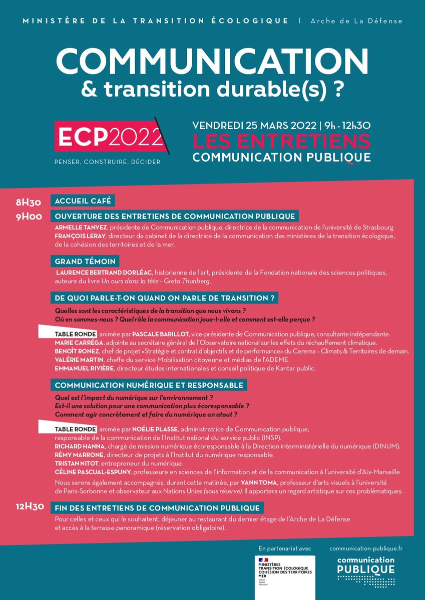 [#ECP2022] « Communication et transition durable(s) ? » : J-7 pour les 𝐄𝐧𝐭𝐫𝐞𝐭𝐢𝐞𝐧𝐬 𝐝𝐞 𝐂𝐨𝐦𝐦𝐮𝐧𝐢𝐜𝐚𝐭𝐢𝐨𝐧 𝐏𝐮𝐛𝐥𝐢𝐪𝐮𝐞, vendredi 25 mars de 9h à 12h30 au <a href="/Ecologie_Gouv/">Min. Ecologie Territoire Transports Ville Logement</a>.
👍 Inscrivez-vous vite : bit.ly/3Ii7Dvu
#CommunicationPublique #compublique