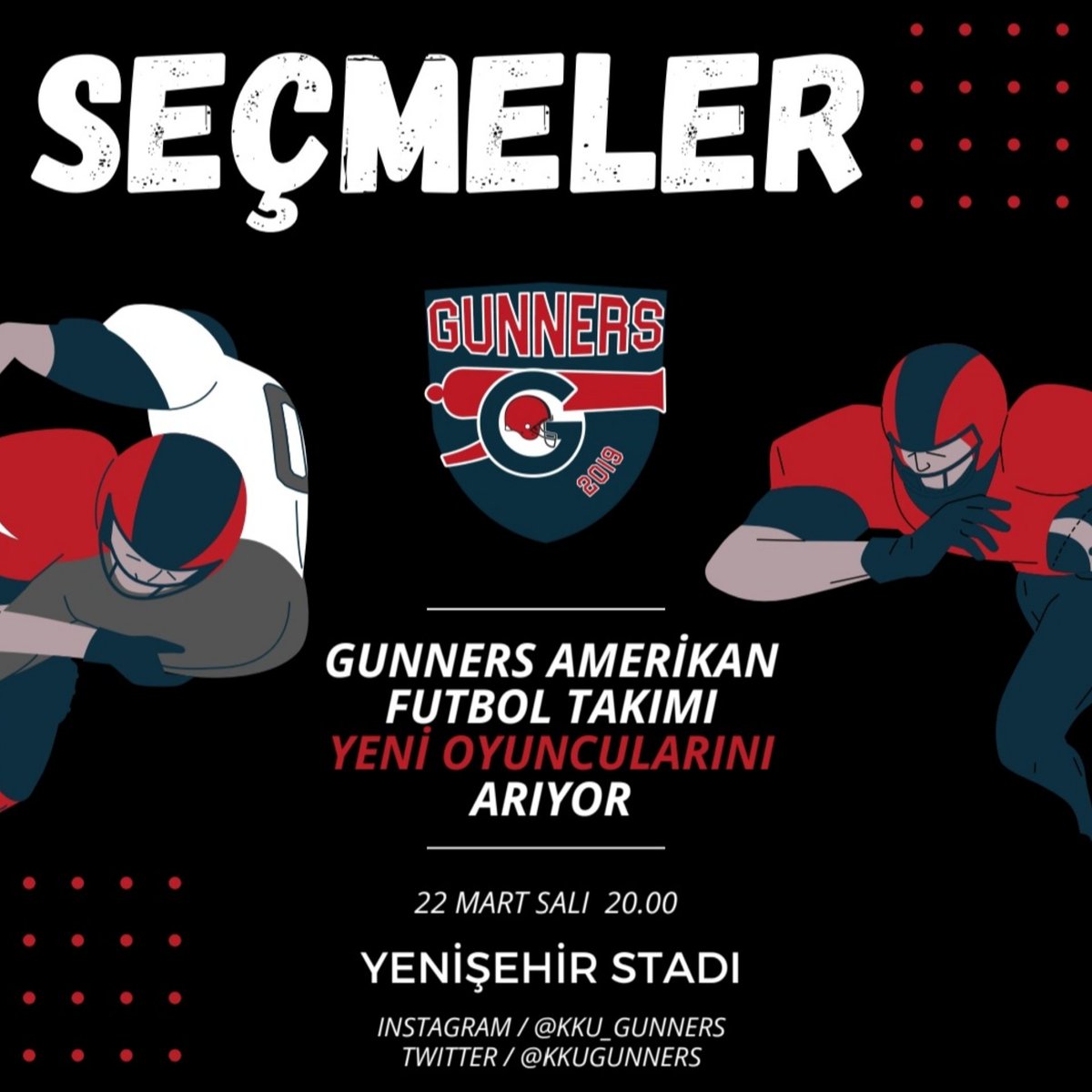 kkugunners's tweet photo. Ara Dönem Seçmeleri Başlıyor 🔔

Sen de aramıza katılarak ailemizin bir parçası olabilirsin 🏈

Yaş, boy, kilo fark etmeksizin tüm adayları 22 Mart Salı günü saat 20.00'da Yenişehir Stadına bekliyoruz 🙌🏻 https://t.co/O4DzJ8TfUd