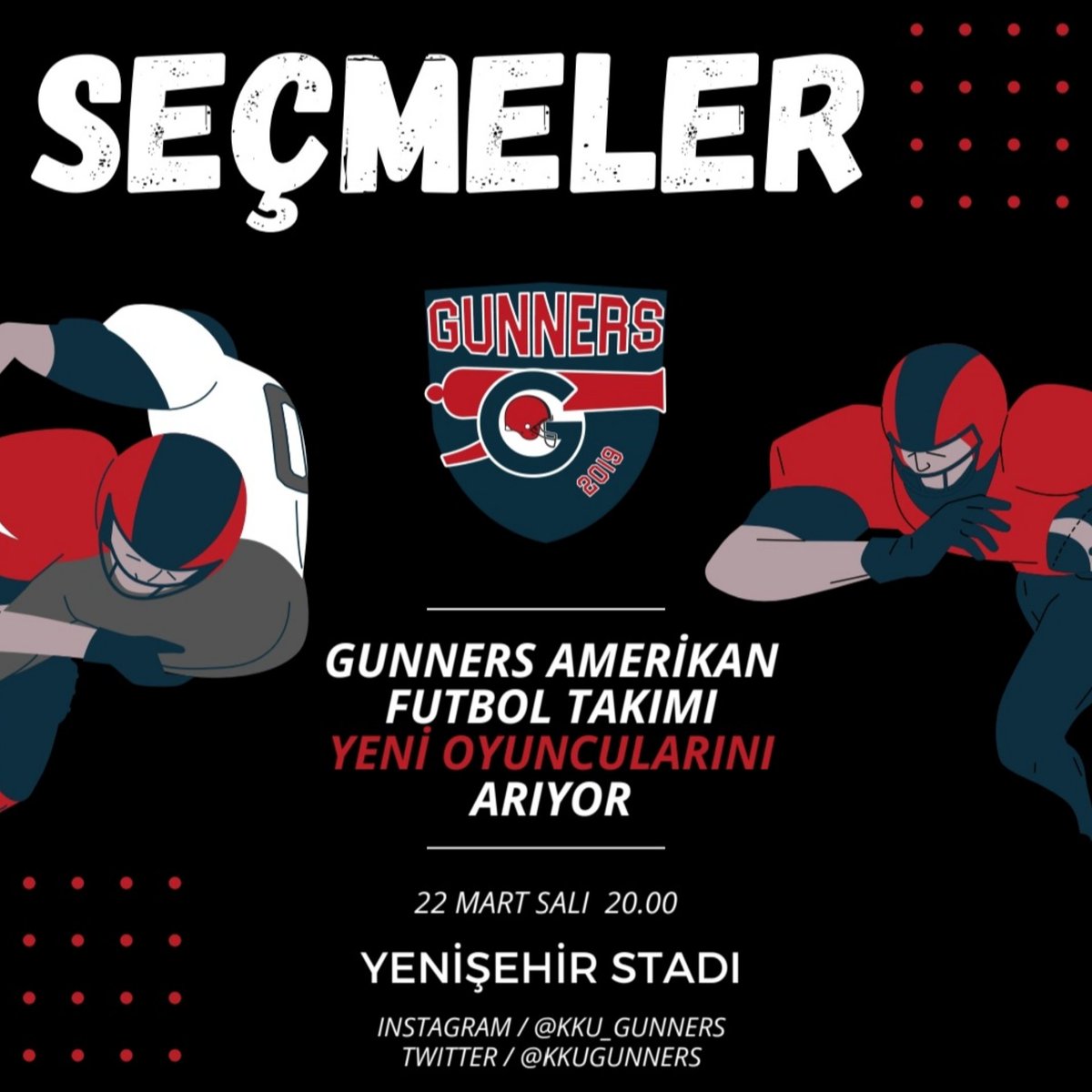 Ara Dönem Seçmeleri Başlıyor 🔔 Sen de aramıza katılarak ailemizin bir parçası olabilirsin 🏈 Yaş, boy, kilo fark etmeksizin tüm adayları 22 Mart Salı günü saat 20.00'da Yenişehir Stadına bekliyoruz 🙌🏻