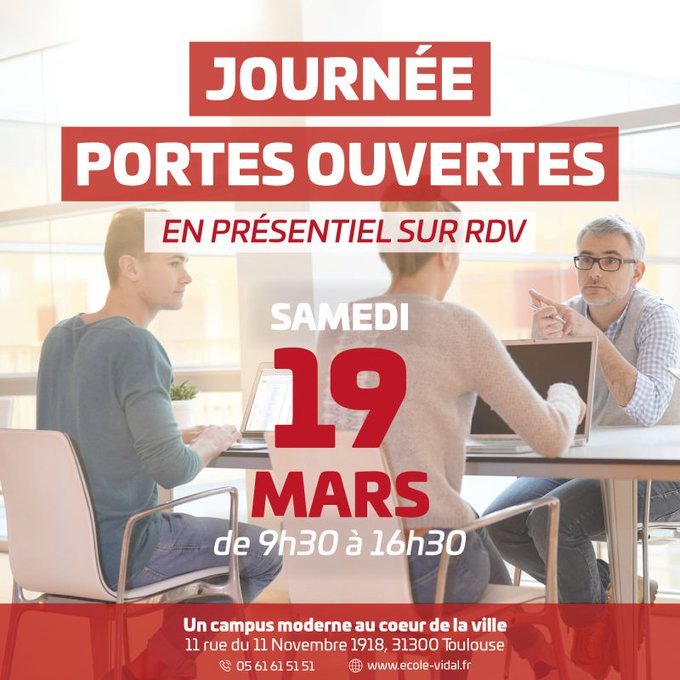 EcolesVidal's tweet photo. 🔔 [#JPO]  C'est demain !

Toujours à la recherche de votre future école pour la rentrée ? 🔍
Découvrez les Ecoles Vidal et trouvez votre formation en statut étudiant ou alternant pour 2022 🚀

🗓️ Samedi 19 Mars 2022
⏱️ De 9h30 à 16h30

#EcolesVidal #Toulouse #jpo https://t.co/PtnDZFnzyW