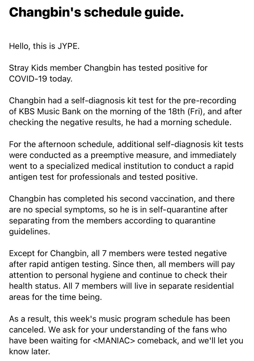 skznewsupdates's tweet photo. @Stray_Kids Changbin tested positive for COVID, has no special symptoms and is currently in self-quarantine. 

The rest of the 7 members tested negative and will be living in separate residential areas for the time being. 

This week’s music program schedule has been cancelled. https://t.co/zPzqzQ4Yd9