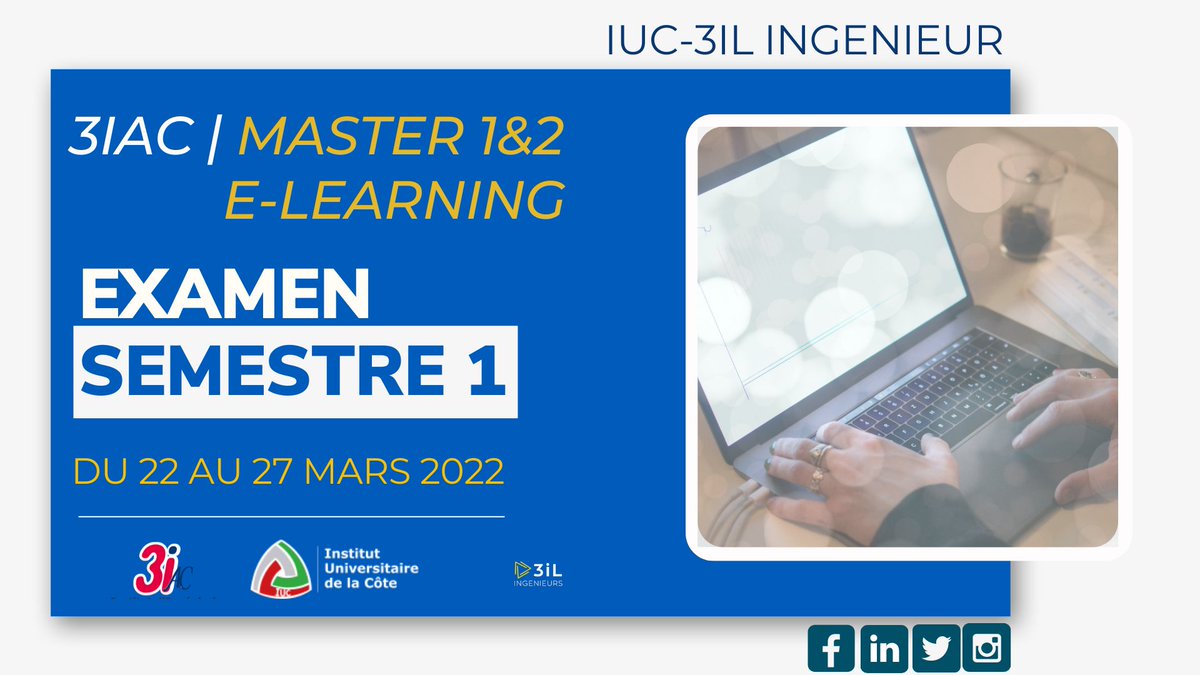 iucdouala's tweet photo. Examen | 3IAC - 3IL
Les étudiants de Master 1 &amp; 2 en ligne auront examen de semestre 1 du 22 au 27 mars 2022.   

Bon courage à tous.

#IUC #examen2022 #3iac #iucdouala https://t.co/xhsFJtFlsq