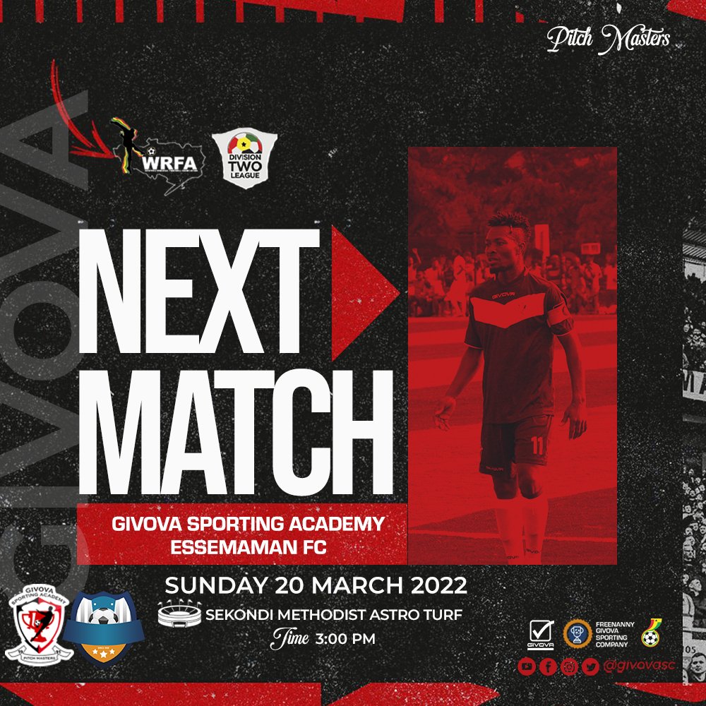 givovasc's tweet photo. 🏟️ Back to the turf... ⚽

🆚 Essemaman FC
🏟 Sekondi Methodist Astro Turf
🗓 Sunday, Mar 20, 2022
🕒 3pm
🏆 #WRFAW2
#️⃣ GivovaEssemaman

#givovasc @DivisionTwoGH @GIVOVAofficial #BringBackTheLove https://t.co/8sHvQx3YmG