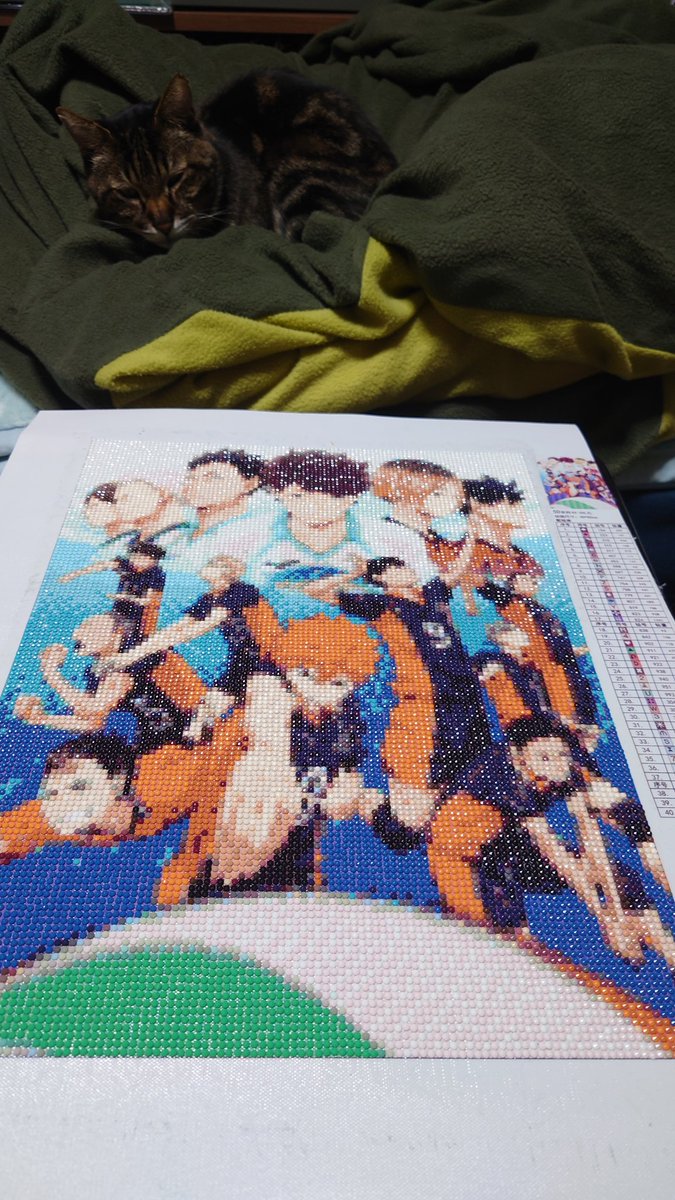 macavity_08's tweet photo. 完成しました！
制作期間1週間！新しい趣味を持ちたくて始めてみたダイヤモンドアート💎
楽しかったです(´˘`＊)
そして後ろでにゃんこにお布団占拠されてる💦
 #ダイヤモンドアート
 #ハイキュー https://t.co/dv77EH5NFt