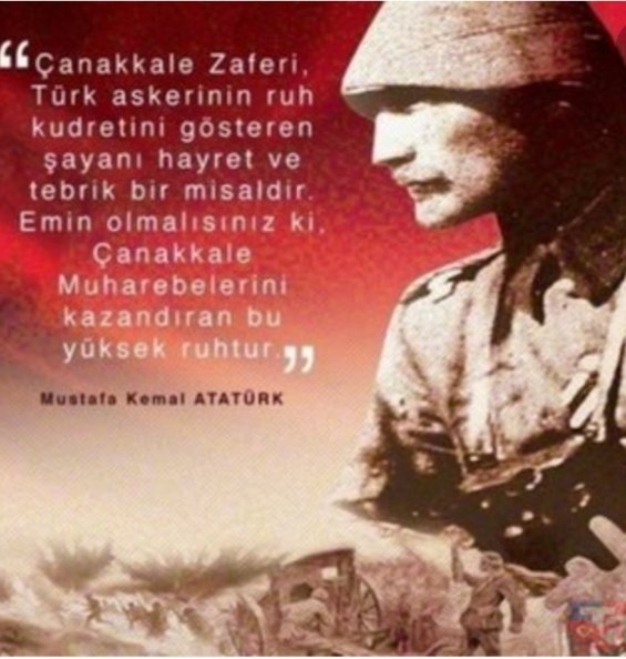Çanakkale Zaferi, Türk askerinin ruh kudretini gösteren şayanı hayret ve tebrik bir misaldir. Emin olmalısınız ki, Çanakkale Muhare­belerini kazandıran bu yüksek ruhtur. #MustafaKemalAtatürk

#18Mart
#CanakkaleGecilmez