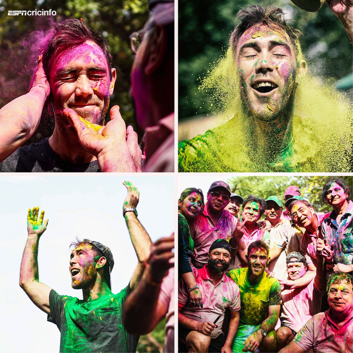 ESPNcricinfo's tweet image. That time when Glenn Maxwell celebrated Holi ahead of Australia&apos;s T20 World Cup game against Pakistan in Chandigarh 🎉