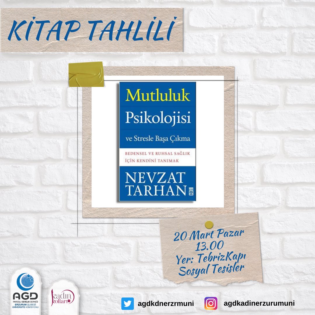 AGD Erzurum Şubesi Üniversite Komisyonu Kadın kolları olarak gerçekleştireceğimiz kitap tahliline tüm hanım kardeşlerimizi bekliyoruz. 
📌Not:Bu hafta vakfımızda ders olmayacak saat 13:00’da Tebrizkapı sosyal tesislerde kitap tahlilimizi gerçekleştireceğiz.