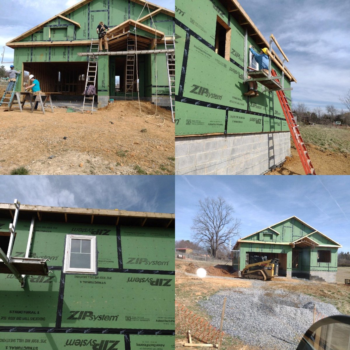 Building trades I students work from various scaffold and use harnesses to accomplish setting a window and installing sheathing on porch. #ctebtec #building #house #skills #hardwork