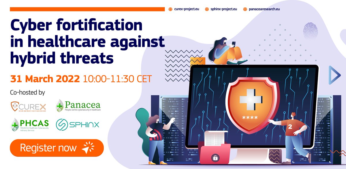 ProjectSphinx's tweet image. 📢 New #cybersecurity event in the Horizon!
SPHINX joints forces with @CUREX_H2020 & @H2020Panacea projects to host a webinar 💻 on how to fortify #healthcare sector in the face of #cyberwar⚠️
ℹ️ Learn more about the event & reiter for free: bit.ly/3IoeJhr
#EU #H2020