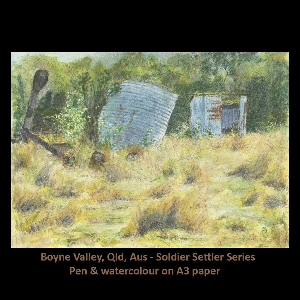 AnneHuthArtist's tweet photo. Boyne Valley, Qld , Aus. Centenary celebrations to be held at Ubobo over the ANZAC Day long weekend, 2022.

#annehuth #penandwatercolour #australianartist #soldiersettlement #boynevalleyqld https://t.co/6CXjIcYccc https://t.co/Ge7EnR7a06