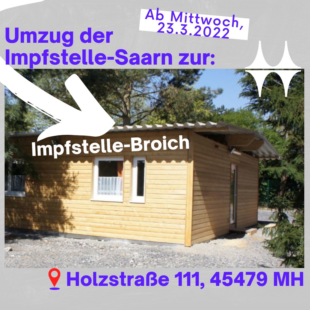 Muelheim_Ruhr's tweet photo. 🔜 📦 Die #Impfstelle-Saarn zieht vom Kirmesplatz zur Holzstr. 111 nach Broich. Ab Mittwoch, 23.3., finden die Impfungen dort mittwochs bis freitags von 10 bis 18 Uhr statt. Hintergrund ist die Erweiterung des Flüchtlingsdorfs in Saarn in #MHruhr. 🕊️ https://t.co/jymufB9fZX