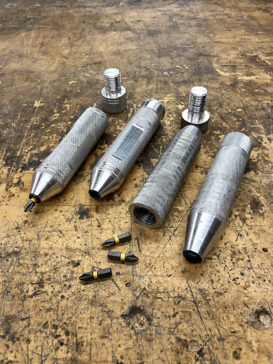 Ellingsen_Tech's tweet photo. Screwdriver handles with space for extra bit storage inside the body. Students in Metalworking 2 made these by hand on a tradition lathe. No CNC on this project. A lot goes into this seemingly simple project. #student_dedication  @Ellingsen_Tech https://t.co/PB6C09GTC0