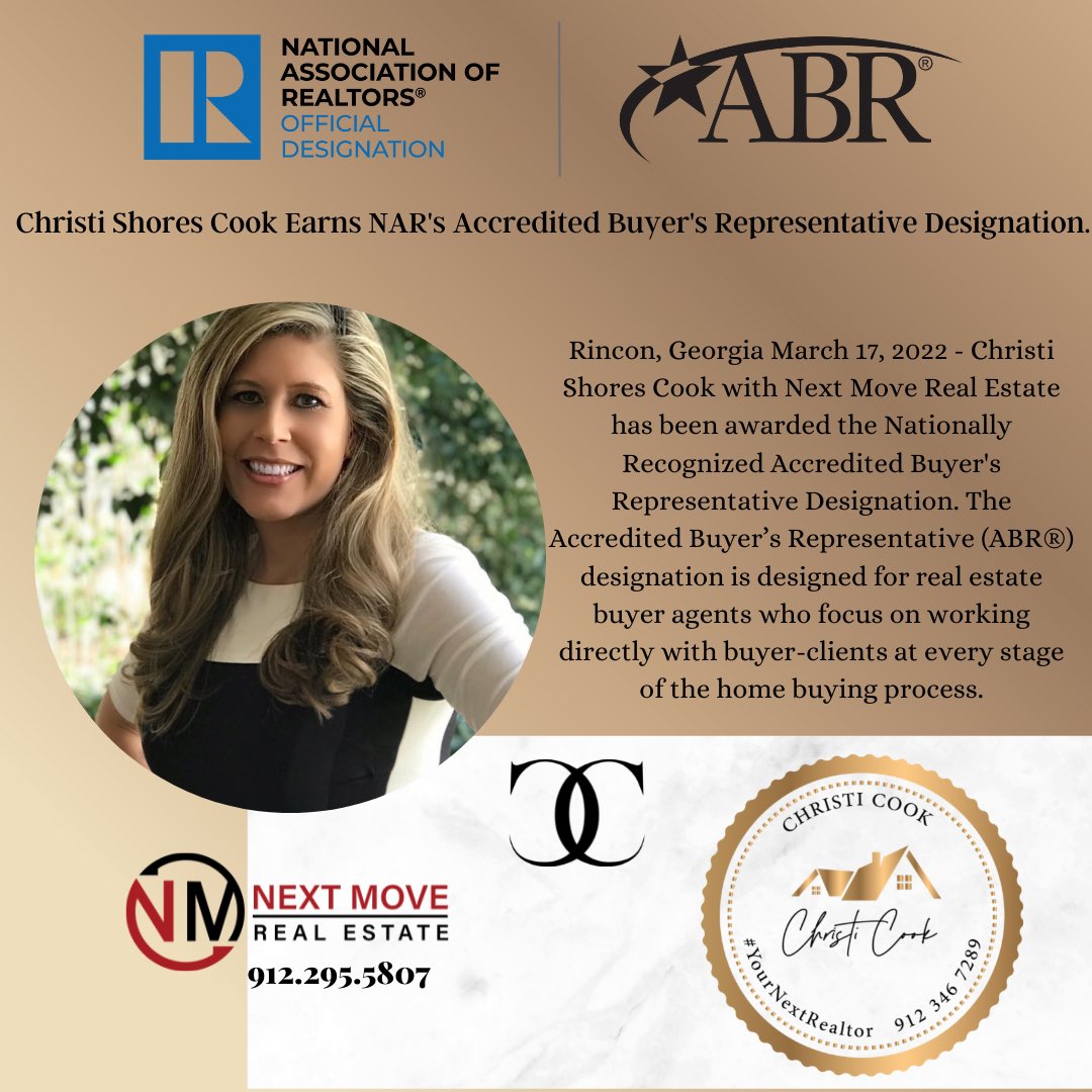 CRicker100's tweet photo. I am pleased to announce that I received my National Association of Realtors - Accredited Buyer’s Representative Designation yesterday. #ABRdesignation #educationmatters #CallChristiCook #YourNextRealtor #Christ-Cook.com 912.346.7289 #NextMoveRealEstate #912.295.5807 #NAR #ABR https://t.co/RAOoAbpGf8