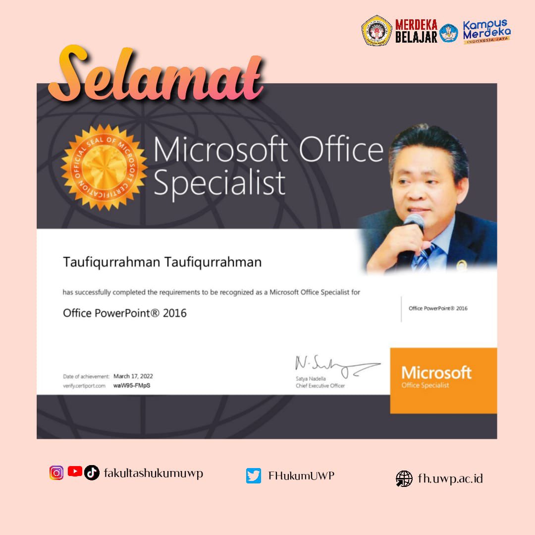 FHukumUWP's tweet photo. Selamat kepada Dr. Taufiqurrahman S.H., M.Hum telah Lulus Sertifikasi Internasional Microsoft Office Specialist (MOS) Power Point 2016 dengan pengantar Bahasa Inggris #FakultasHukumUWP https://t.co/whsTlj2cdy