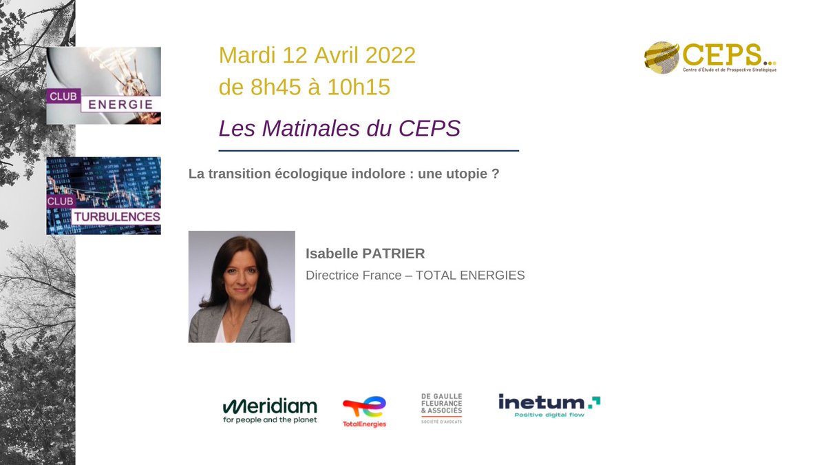 Participez à la session du Club Energie et du Club Turbulences le 12 Avril, dans le cadre des Matinales du CEPS.

Pour l'occasion, Isabelle Patrier interviendra sur La transition écologique indolore : une utopie 

Suivez ce lien pour vous inscrire : oandb.typeform.com/to/KqCEt8w7?ut…