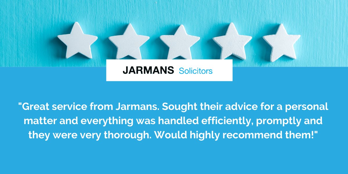 Today is Feedback Friday and we are sharing this excellent review from a very happy client.

To speak to one of our expert personal law solicitors, email enquiries@jarmans-solicitors.co.uk to organise a chat.

#review #feedback #friyay #testimonial #legal #solicitor #personallaw