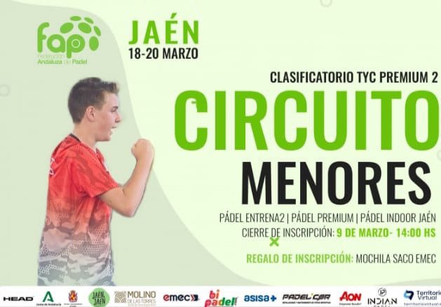 Esta tarde comenzará en nuestras instalaciones la 2ª Prueba del circuito de menores de Andalucía, clasificatorio para el TYC Premium 2 y que se disputará en varios club de Jaén este fin de semana.
Ven y disfruta de los mejores jugadores menores de Andalucía.