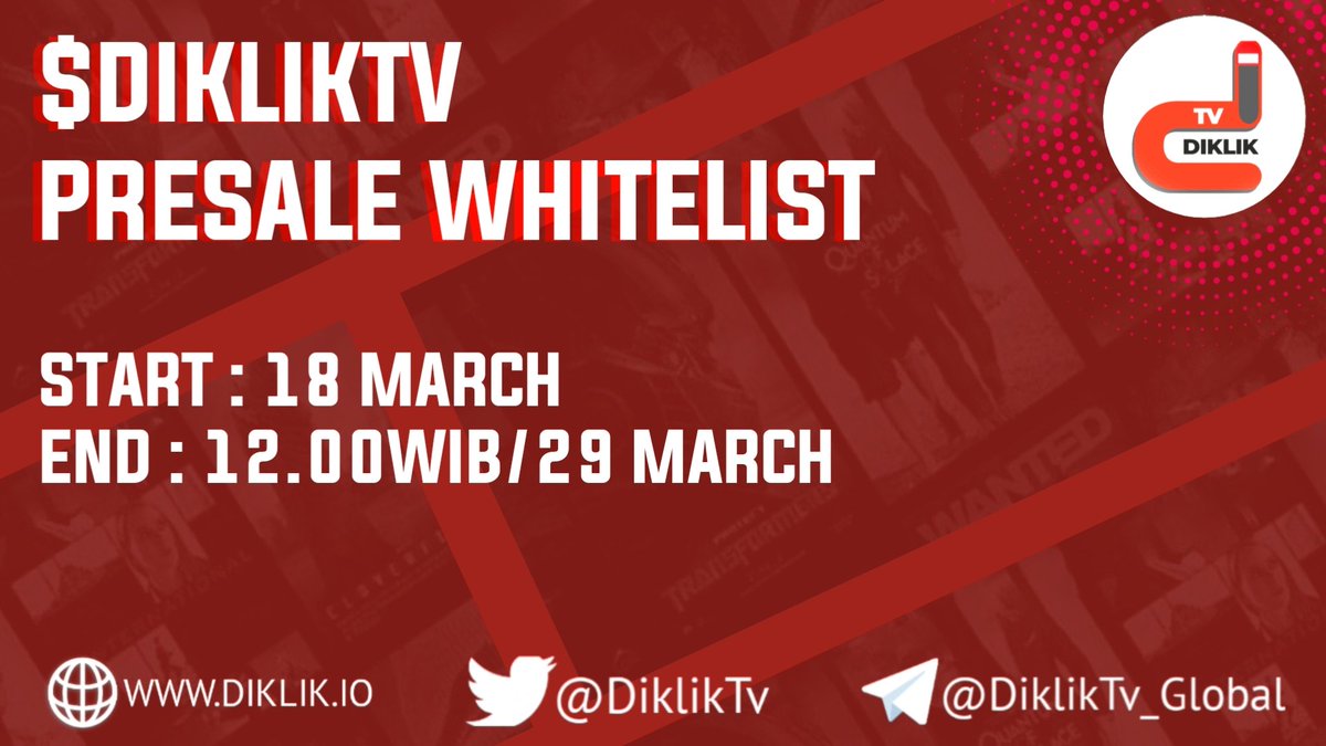 Hello Diklikkers...
We will provide information for the $DIKLIK Presale Whitelist...

• START : TODAY
• END : 12.00 WIB/29 MARCH 2022

WHITELIST LINK : 
sweepwidget.com/view/53241-fn2…

Don't Miss Out Participant in $DIKLIK Presale Whitelist..

#DiklikTv $Diklik #Diklik #BSC #Presale