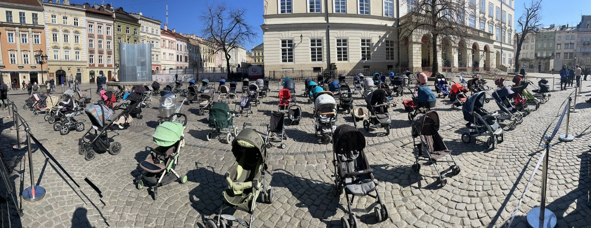 109 empty baby carriages on display in Lviv city center for the 109 babies killed so far during Russia’s invasion of Ukraine.