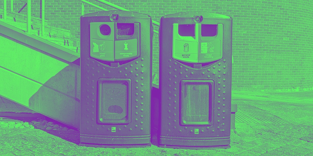 Bins for different types of recycling and general waste on campus