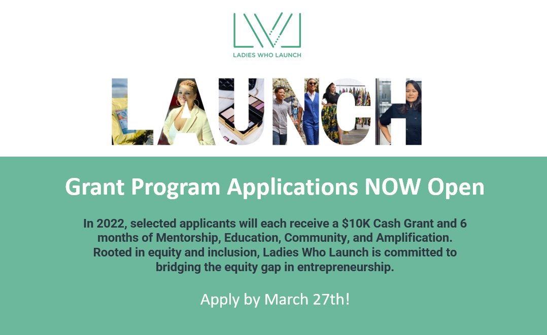 ACECapitalGA's tweet photo. 2022 Ladies Who Launch Grant Program Applications NOW Open thru 3/27! Select applicants will each receive a $10K grant + 6 months personalized education, mentorship and advisory services through LWL programming. Apply today at https://t.co/r51ZoUHxwt
#acecdfi https://t.co/VVeHJm8BxW