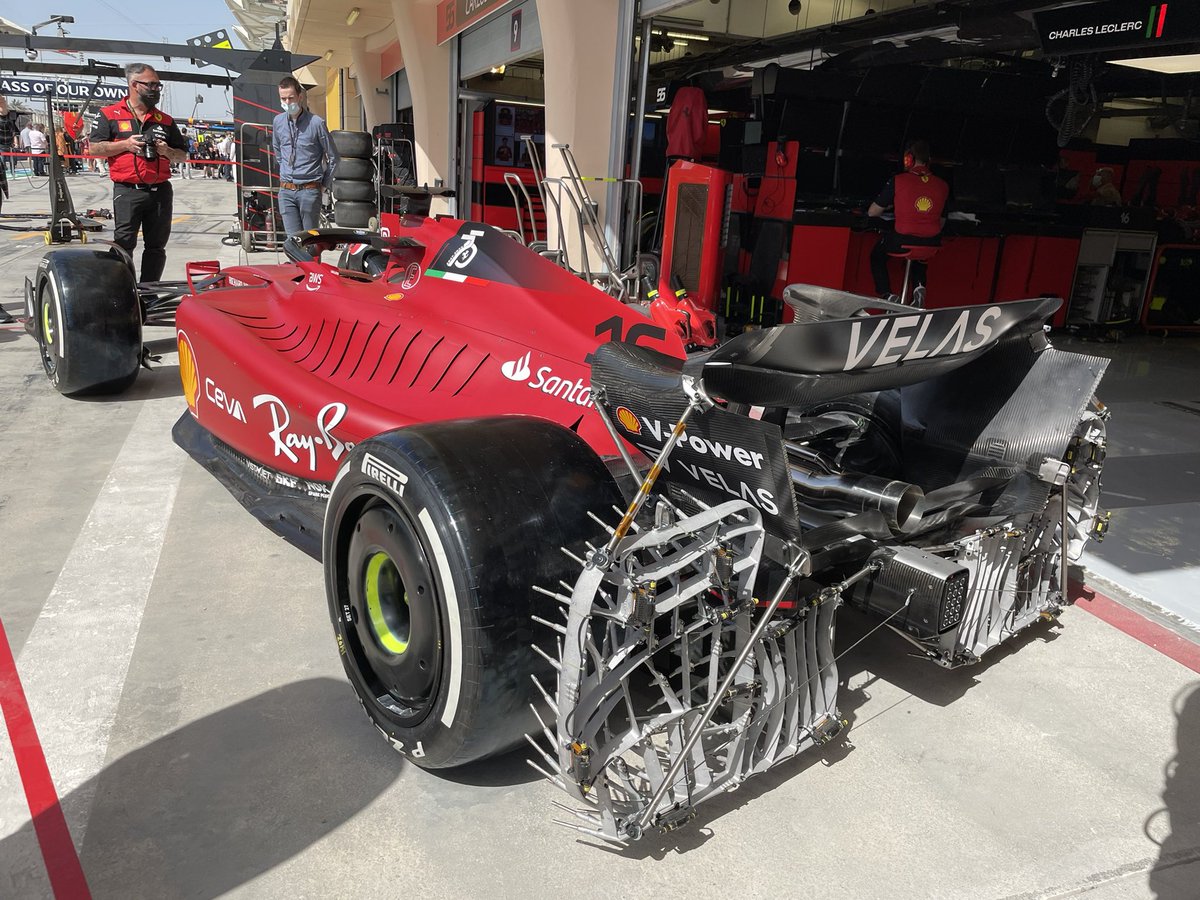 ChrisMedlandF1's tweet photo. Ferrari ready for FP1 - teams will still very much be in test mode working out updates during the first session. FP2 is more representative for qualifying and the race #F1 #BahrainGP https://t.co/gCgi55Sx7S