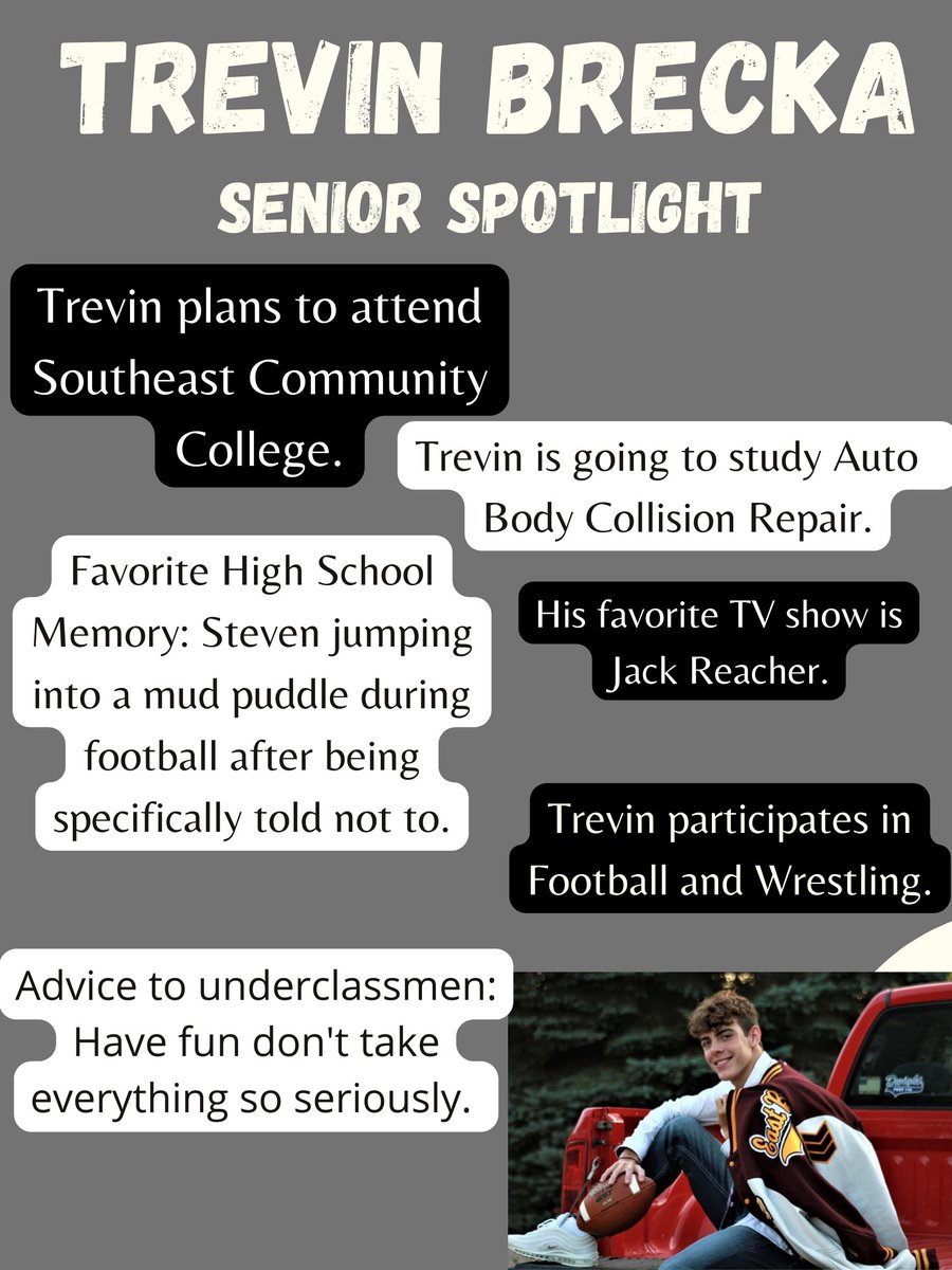 This week's Senior Spotlight is Trevin Brecka.  He will be attending Southeast Community College.  Good Luck Trevin.  We are proud of you. #classof2022