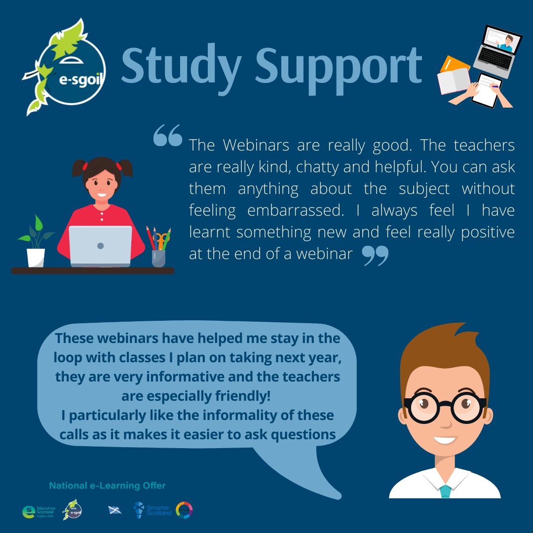 eSgoil's tweet photo. Young people tell us that teachers on our Study Support webinars create a relaxed and friendly atmosphere ideal for learning. There's still time to register for our Easter Study Support programme, which begins on April 7th.
https://t.co/kuGiI71UyL
#NeLO #SeniorPhase #StudySupport https://t.co/QOEPRTdvz0