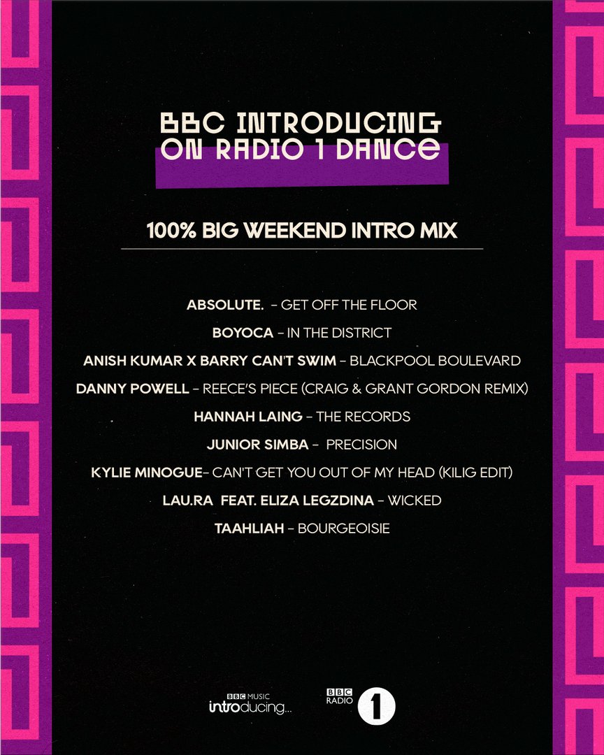 Stick on last night’s show to hear my Big Weekend minimix and get READY 🥵   

@absoluteishere
<a href="/boyocamusic/">Boyoca</a>
@anishkumarmusic
<a href="/BarryCantSwim/">Barry Can't Swim</a>
<a href="/GordonBrothers_/">Craig & Grant Gordon</a>
<a href="/HannahLaingDJ/">Hannah Laing</a>
<a href="/itsjuniorsimba/">Junior Simba</a>
<a href="/kylieminogue/">Kylie Minogue</a>
<a href="/kiligsounds/">Kilig</a>
<a href="/lau_ra_lau_ra/">lau.ra</a>
@ElizaLegzdina
@TAAHLIAH 

bbc.in/35WSl1F