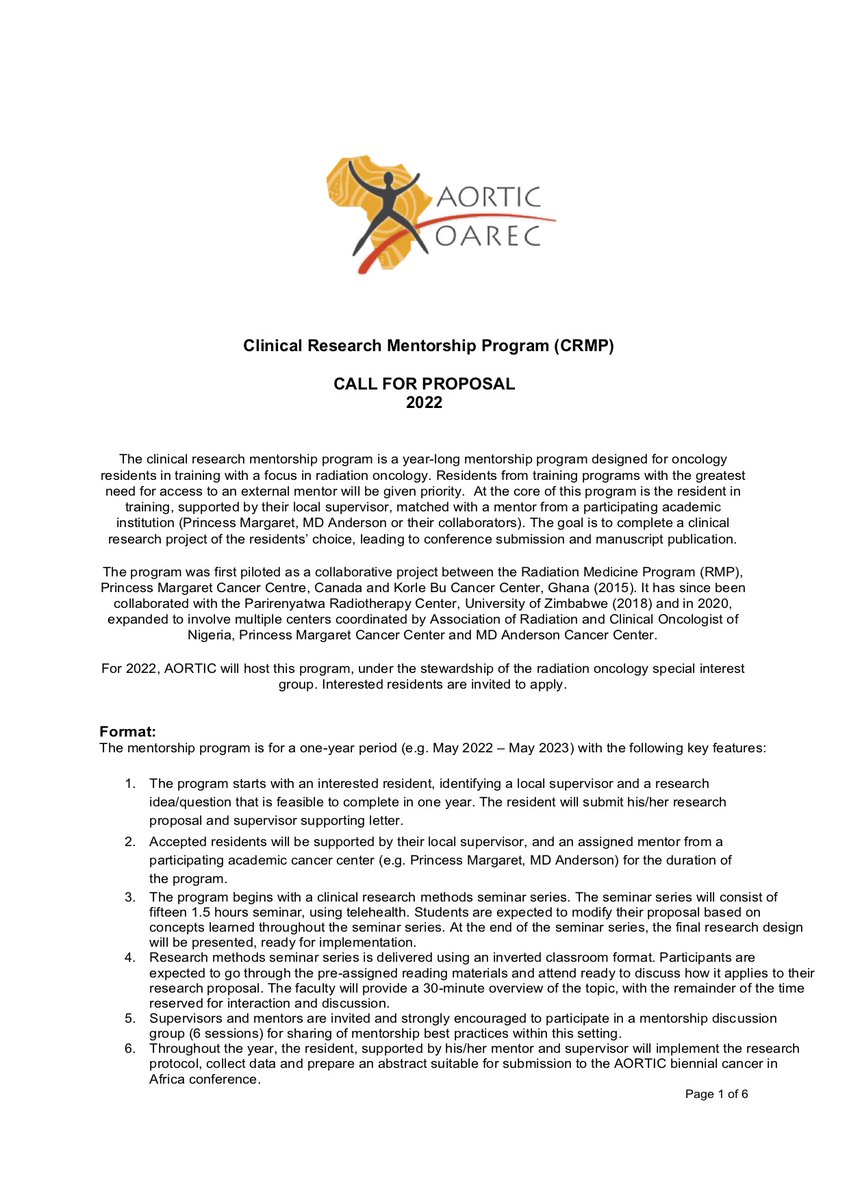 Clinical Research Mentorship Program (CRMP)
CALL FOR PROPOSAL 2022
CRMP is a year-long mentorship program designed for oncology residents in training with a focus in radiation oncology.
Application Deadline 31 March 2022!
See attached.

#cancerresearch
#Cancer