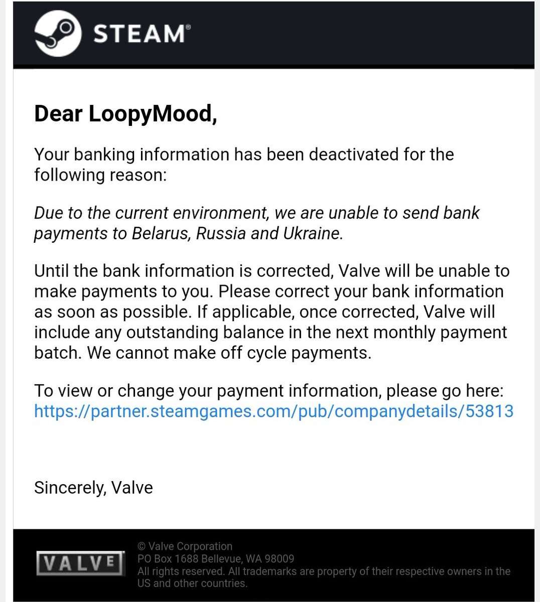 LoopyMood's tweet photo. @valvesoftware 
Hey #Steam #valve. You are blocking payments to Ukraine? Are you sure of your actions? 🇺🇦 Ukraine is not russia in case you didn't know. https://t.co/Brjcaq3dx3