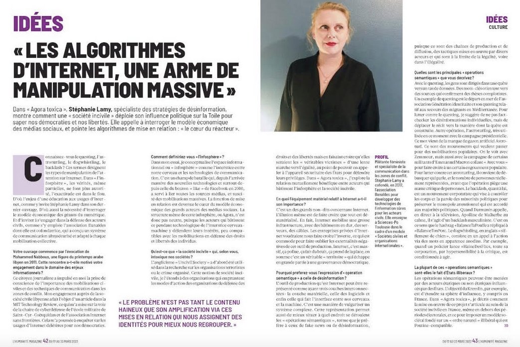 Dans <a href="/humanite_fr/">L'Humanité</a> du dimanche, à paraître ce WE (21/03/2022), petite présentation de mon essai <a href="/AgoraToxica/">AgoraToxica</a>